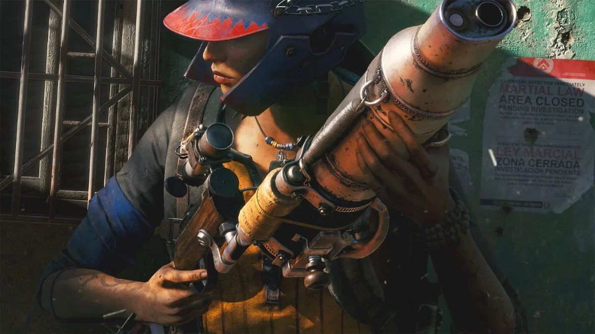 A close-up of a Yara guerilla fighter holding a customized resolver weapon in Far Cry 6.