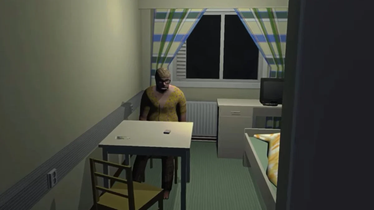 Pigman (Ritoranta) sitting at a table in a dimly lit room at the retirement home in My Winter Car.