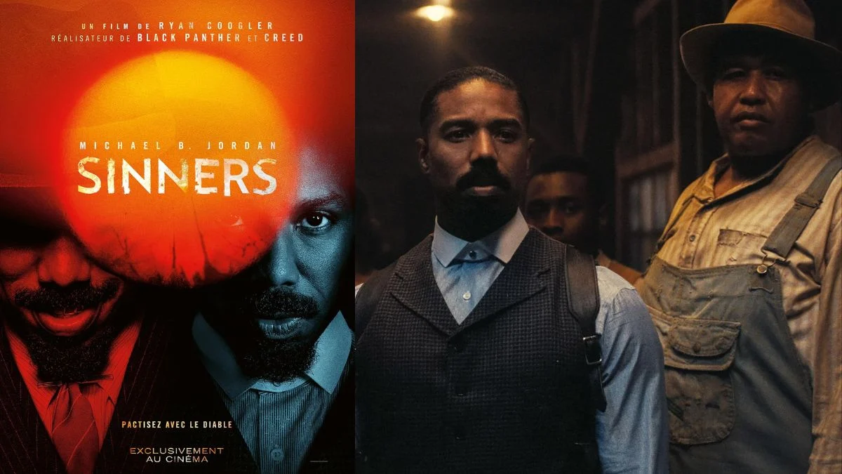 Michael B. Jordan as the Moore twins in the official poster and a dramatic film still from Sinners 2025.