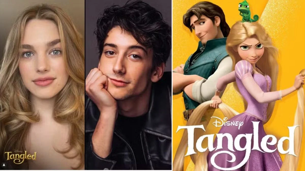 Side-by-side comparison of Teagan Croft and Milo Manheim with the animated characters Rapunzel and Flynn Rider from Disney's Tangled.