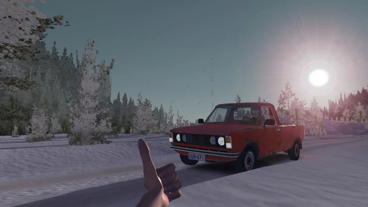 A red pickup truck on a snowy road with a player's hand giving a thumbs up in My Winter Car.