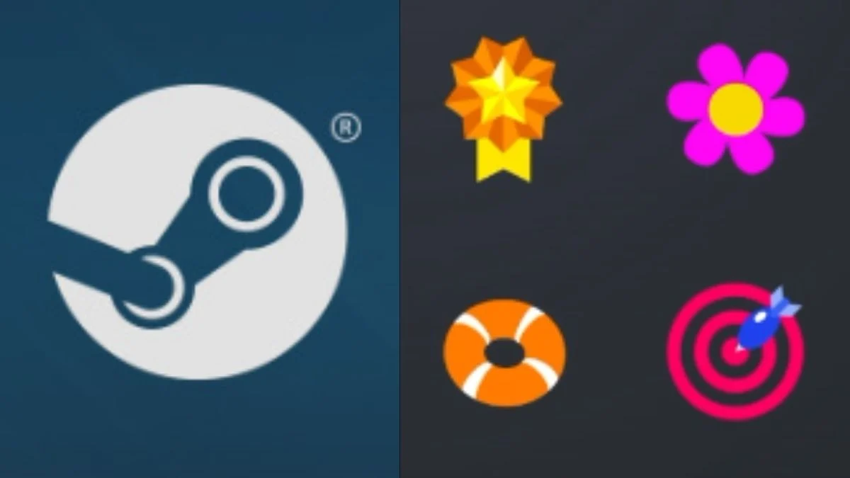 The Steam logo alongside four colorful Community Award icons including a star, flower, lifebuoy, and bullseye.