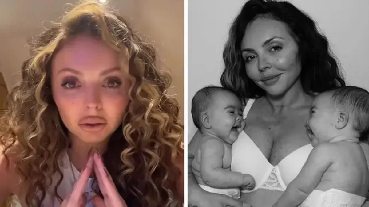 Split image showing Jesy Nelson speaking emotionally in a video and a black and white photo of her holding her twin babies.
