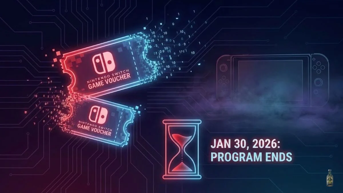 A symbolic digital illustration showing red and blue Nintendo Switch Game Vouchers disintegrating into binary data next to a glowing hourglass and text that reads "JAN 30, 2026: PROGRAM ENDS".