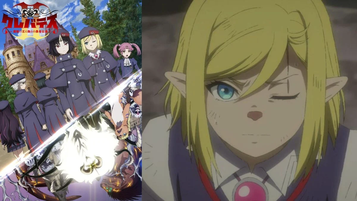 A split-screen promotional image for Clevatess Season 2: The Legend of the False Hero. The left side shows students in purple Magic Academy uniforms in front of a castle. The right side is a close-up of a blonde elf character with one eye closed.