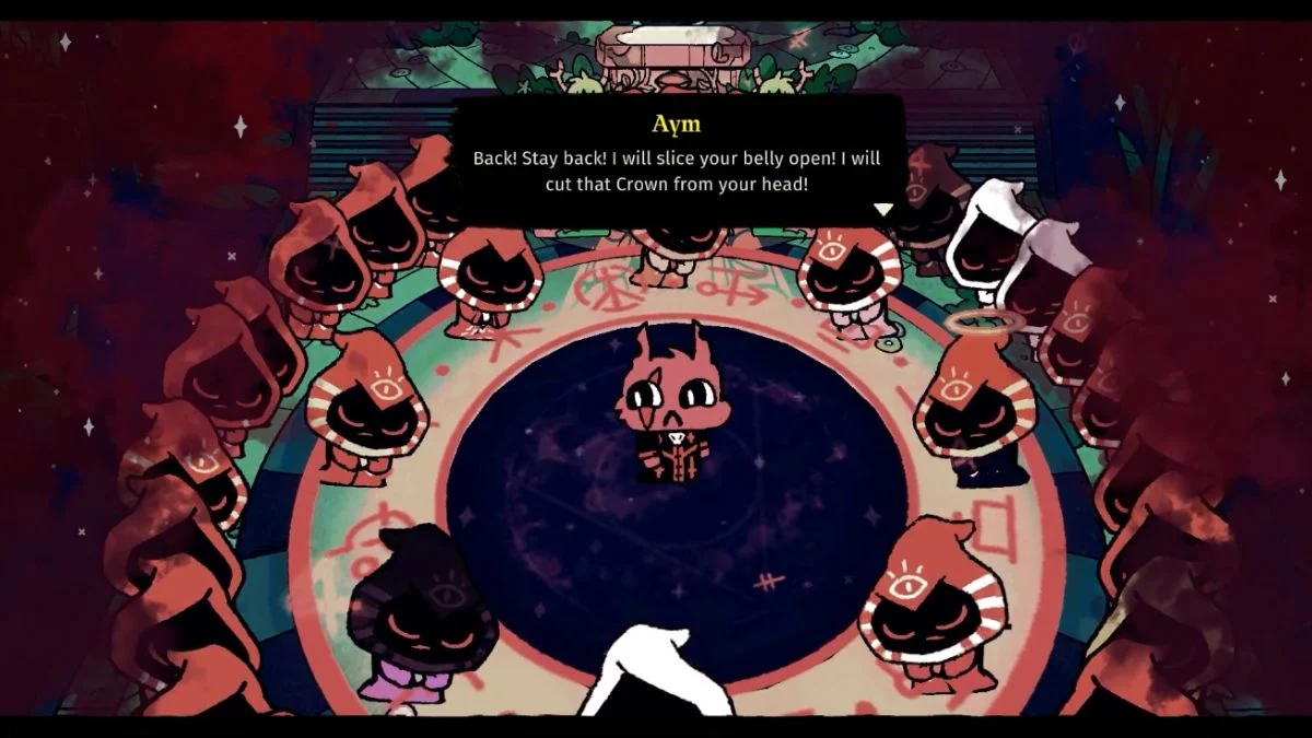 Aym standing in a ritual circle surrounded by hooded cultists in Cult of the Lamb with a dialogue box showing Aym's threat.