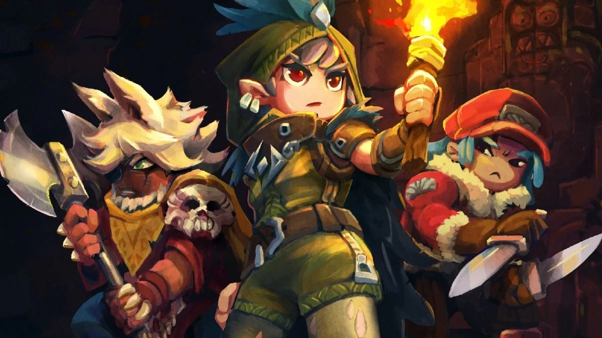 Three stylized Hytale characters—a warrior with an axe, an elf with a torch, and a rogue with a dagger—exploring a dark dungeon.