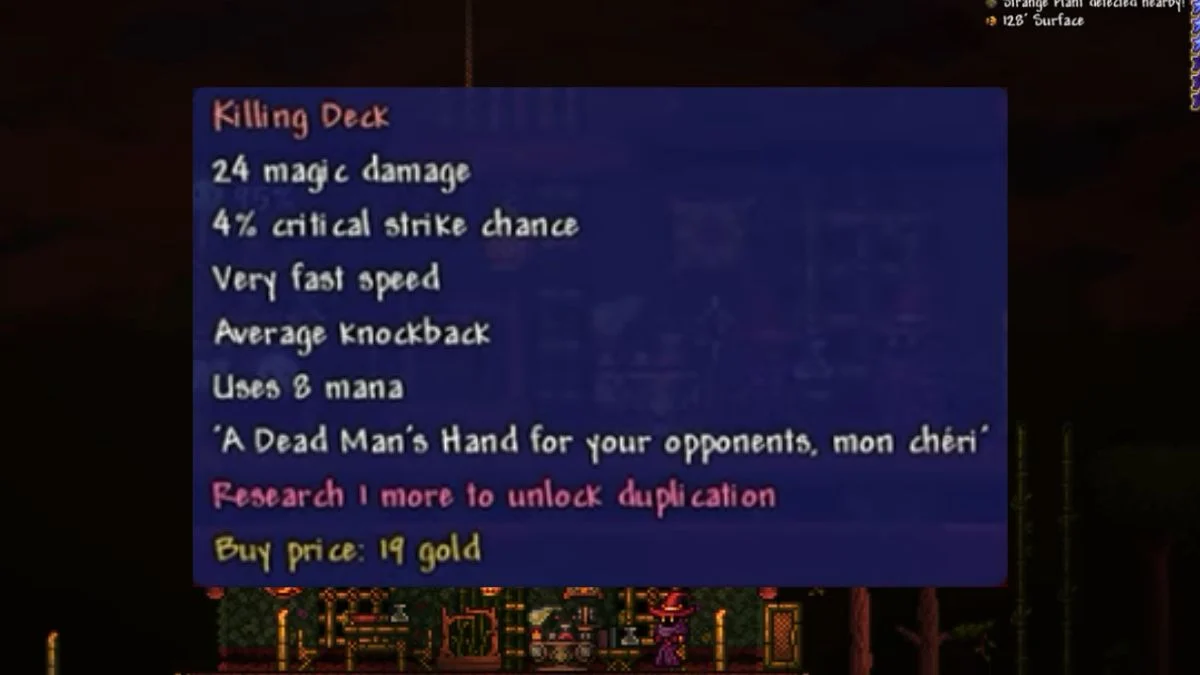 Tooltip for the Killing Deck magic weapon in Terraria showing 24 magic damage and the Dead Cells crossover quote.