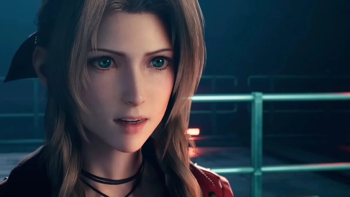 A close-up of Aerith Gainsborough from Final Fantasy VII Remake Intergrade, highlighting the narrative-driven experience of the Streamlined Progression update.