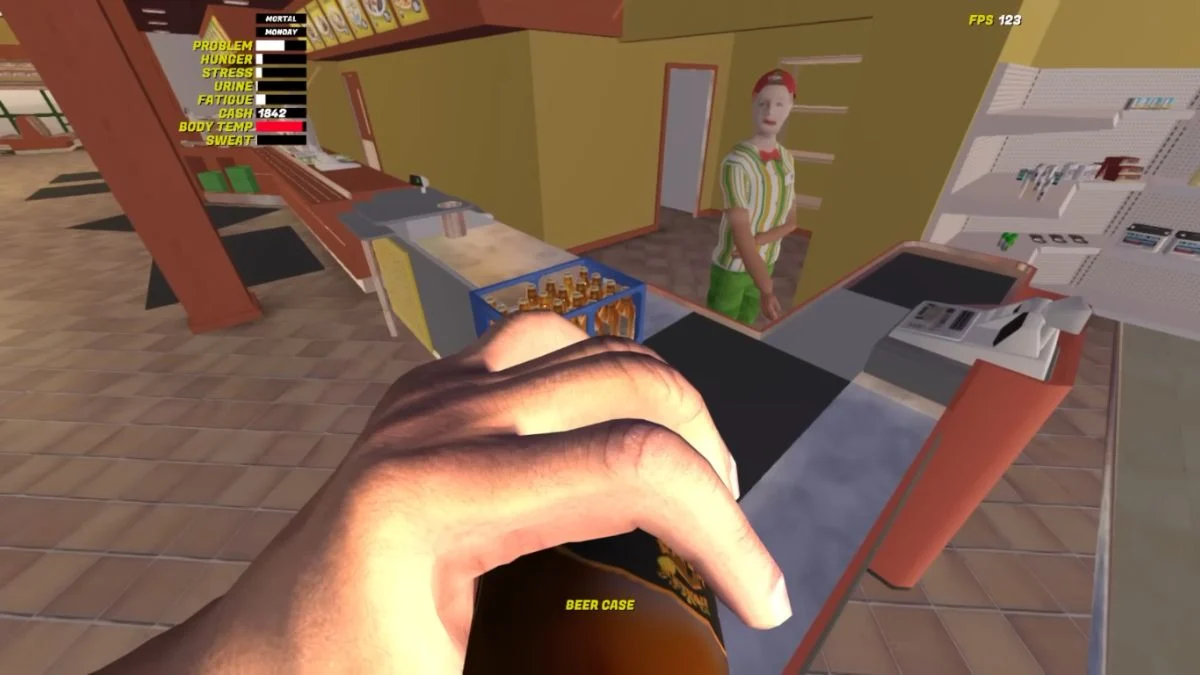 A first-person view in My Winter Car showing a character at a store counter with a crate of beer and the Problem Bar visible in the HUD.