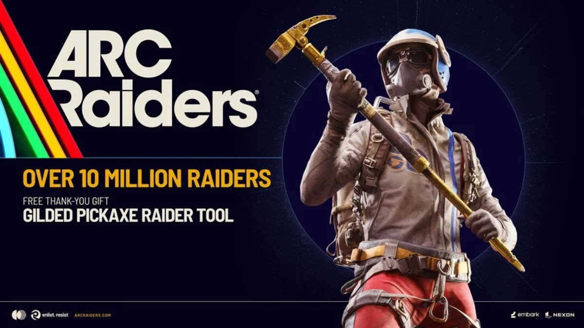 ARC Raiders promotional banner announcing over 10 million raiders and the free Gilded Pickaxe Raider Tool reward.