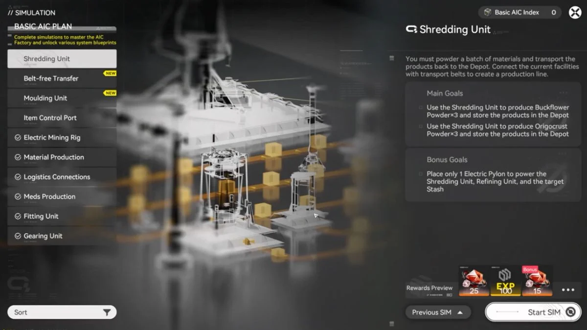 The Arknights Endfield AIC Simulation menu showing the Shredding Unit mission goals and rewards.