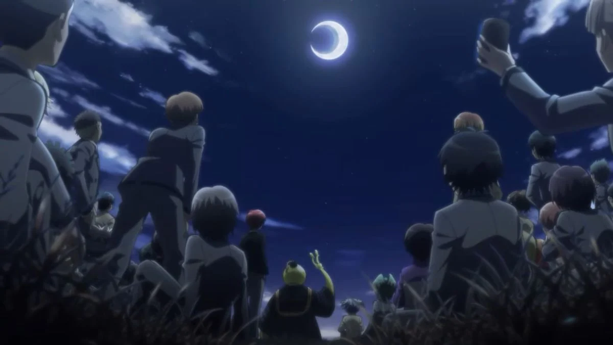 Class 3-E students and Koro-sensei looking up at a crescent moon during the Assassination Classroom 10th anniversary rebroadcast.