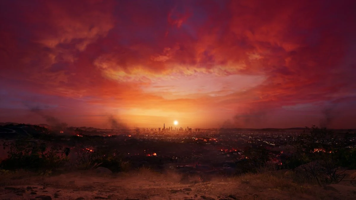 Panoramic view of a burning HELL-A skyline at sunset in Dead Island 2.