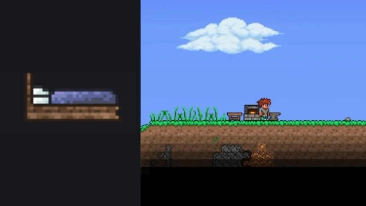 A split image showing a basic wooden bed sprite on the left and a player at a crafting station on the right.