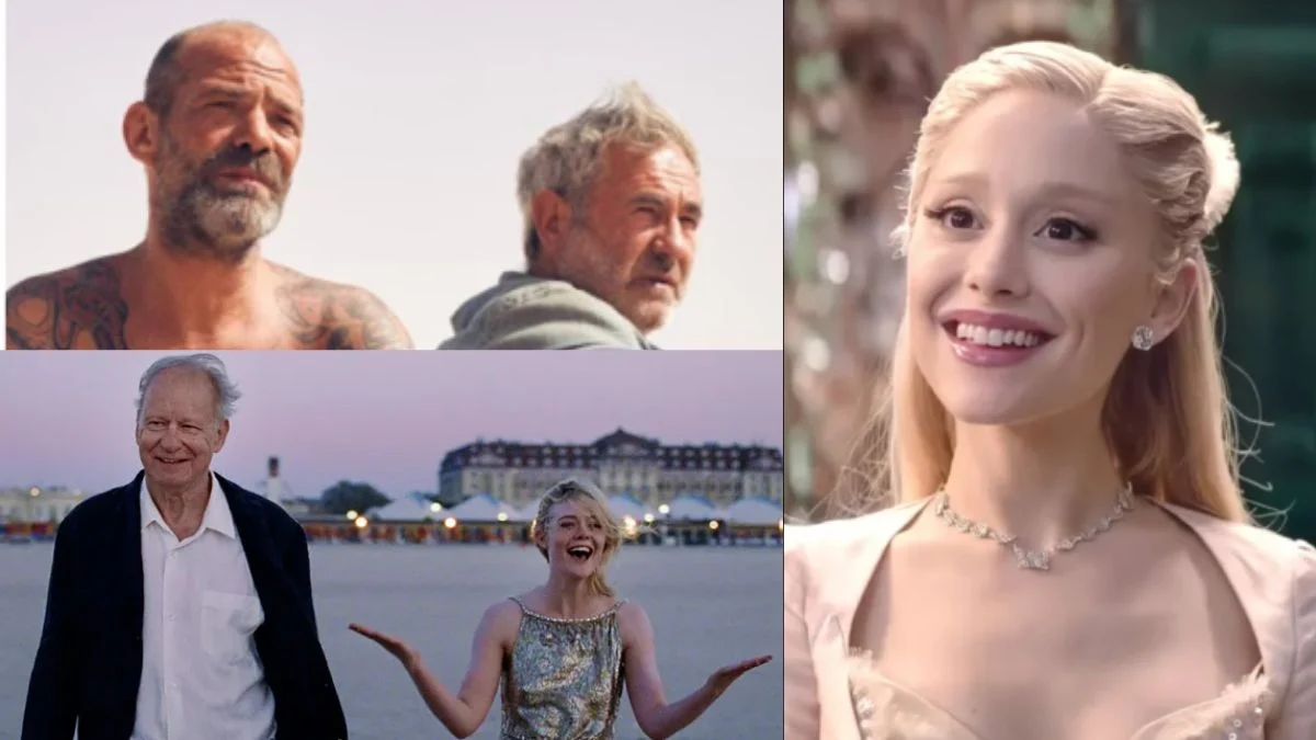 A collage of 2026 Oscar contenders featuring actors from "Sentimental Value," "Hamnet," and Ariana Grande in "Wicked: For Good."