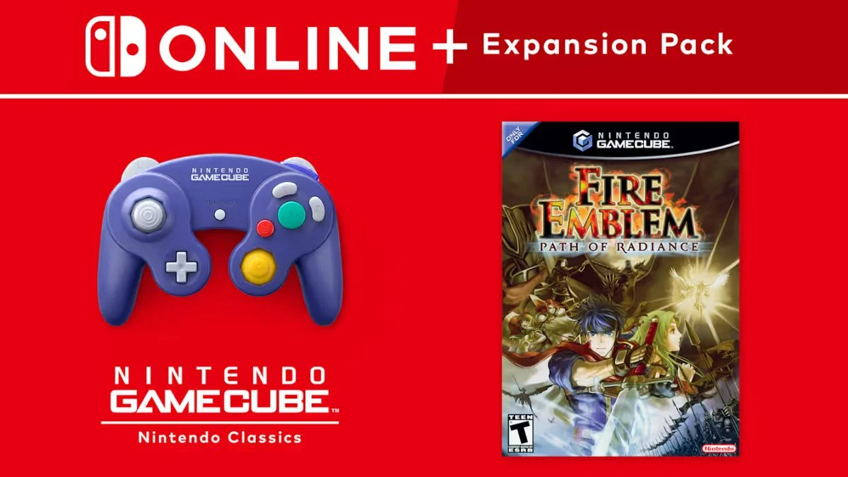 An indigo Nintendo GameCube controller next to the Fire Emblem Path of Radiance box art for Nintendo Switch Online.