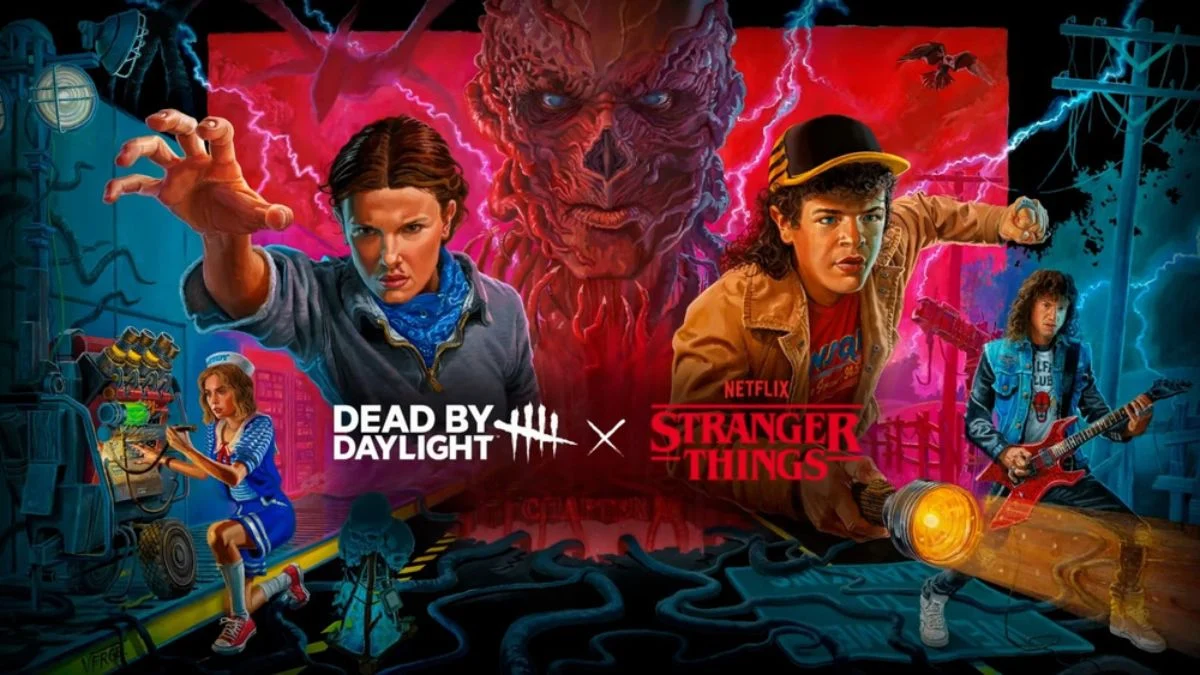 Official promotional art for the Dead by Daylight and Stranger Things Chapter 2 crossover featuring Eleven, Dustin, and a menacing Vecna in the center.