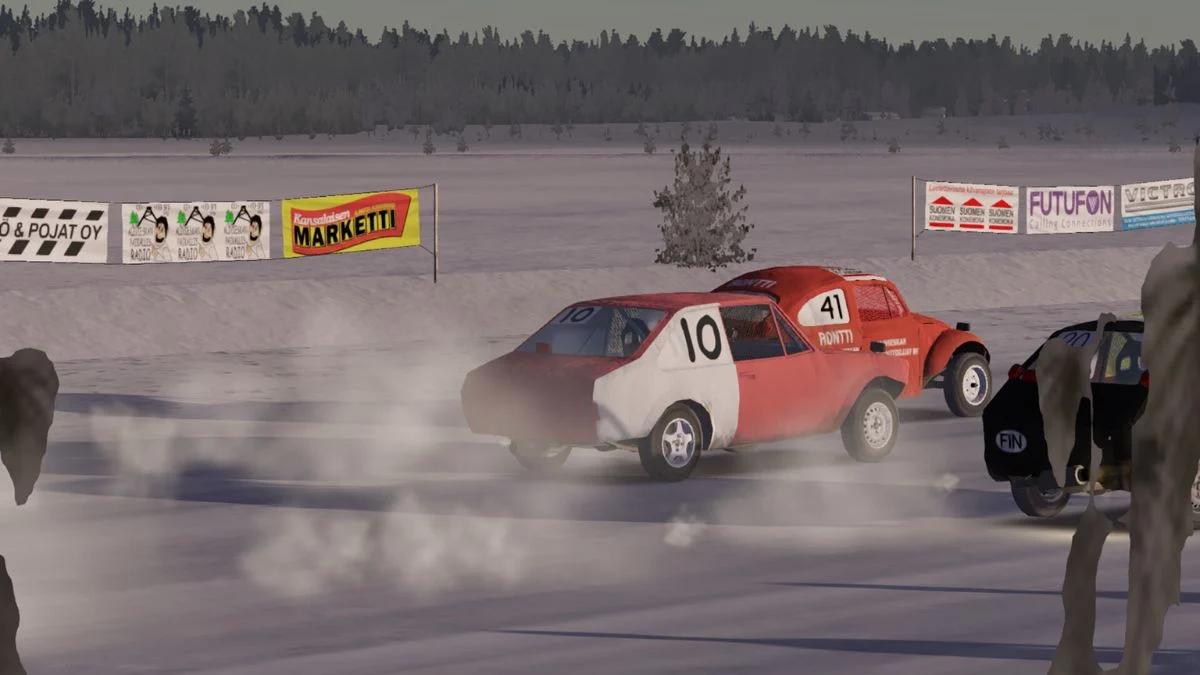 Red and white vintage rally cars racing on a snowy track in My Winter Car with a snowy forest background.