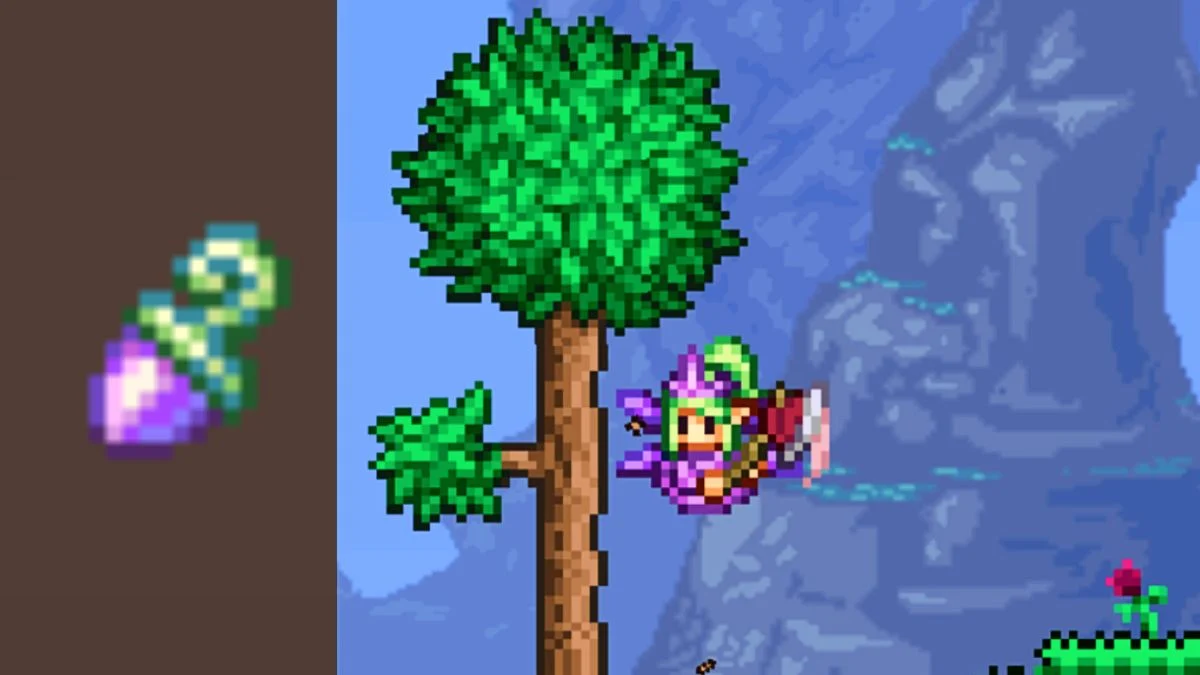 A side-by-side comparison showing the Faecorn pet summoning item and the Cenaxe Axe Fairy pet floating near a tree in Terraria.