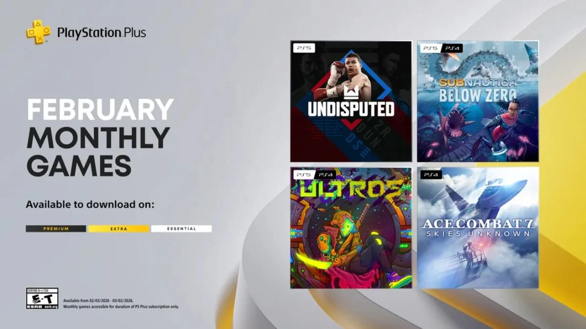A promotional graphic for PlayStation Plus February Monthly Games featuring Undisputed, Subnautica: Below Zero, Ultros, and Ace Combat 7: Skies Unknown.