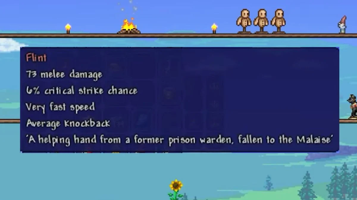 The in-game tooltip for the Flint in Terraria showing its 73 melee damage and 6% critical strike chance.