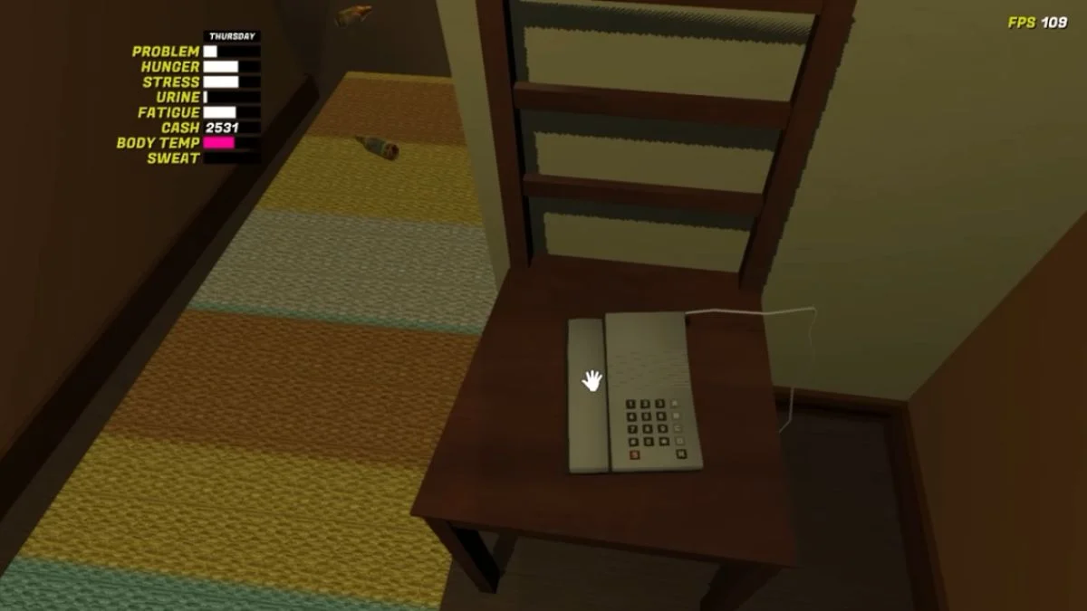 A first-person view of a landline phone sitting on a wooden chair in the apartment hallway of My Winter Car.