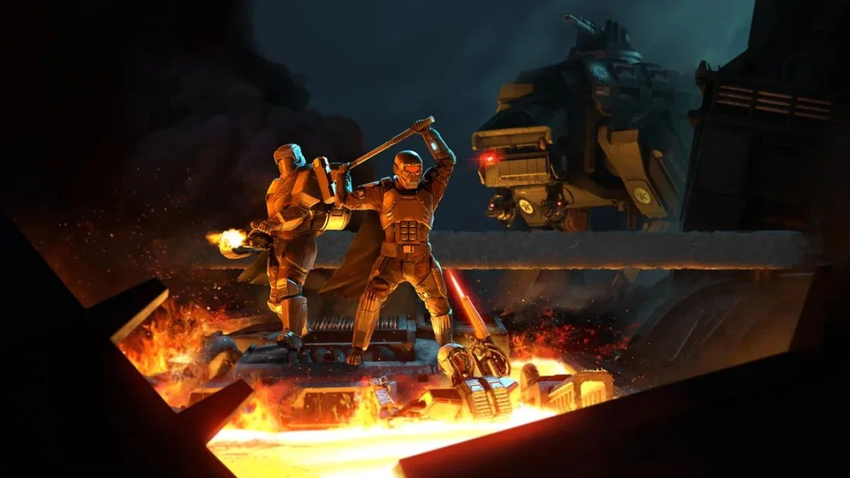 Two Helldivers in Siege Breakers armor standing amidst fire and debris, one wielding the CQC-20 Breaching Hammer against an enemy.