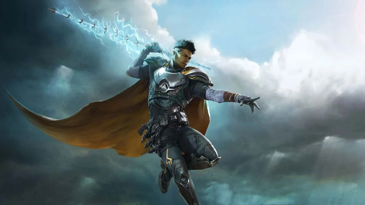 A Warden character from Highguard riding a gryphon mount through an open field on Xbox Series X.