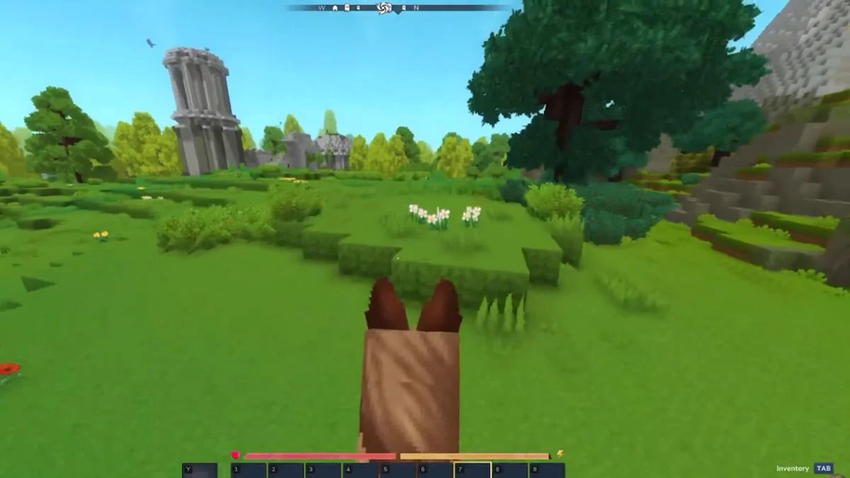 A first-person perspective of a player riding a brown horse through a grassy field in Hytale.