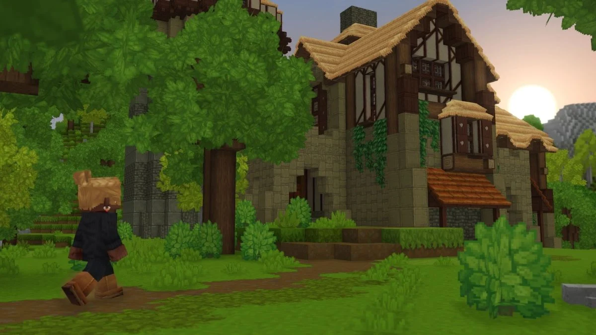 A Hytale character walking toward a large stone and wood house during sunset, representing the game login screen.