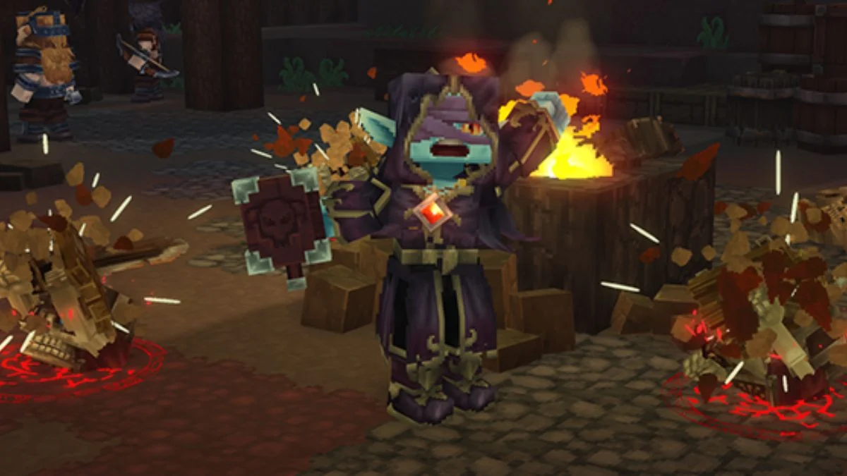 A Hytale character in purple robes summoning skeletal minions from bone piles using a magical book.
