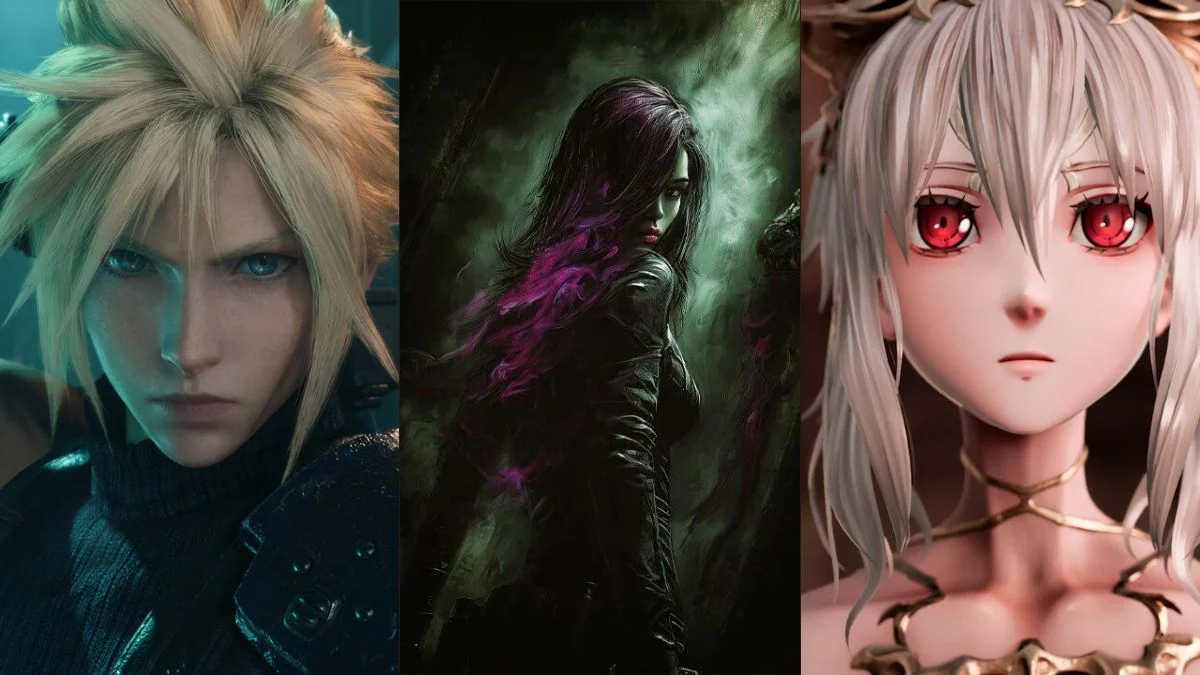 Collage of major January 2026 game characters including Cloud Strife from FFVII Remake and a dark-haired protagonist from Code Vein 2.