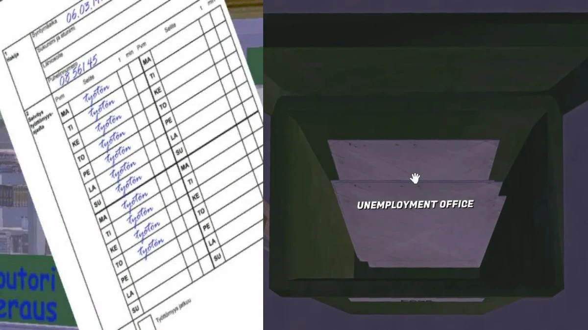 A side-by-side view of the Finnish unemployment form and the "Unemployment Office" green mailbox in the game My Winter Car.