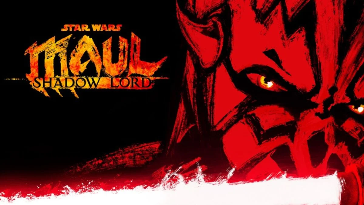 Official teaser poster for Star Wars: Maul – Shadow Lord featuring a close-up of Maul's face and glowing yellow eye.