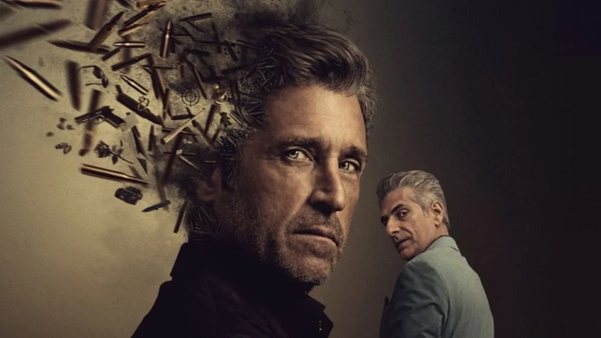 Official poster for Memory of a Killer 2026 featuring Patrick Dempsey with his head dissolving into bullets and Michael Imperioli in the background.