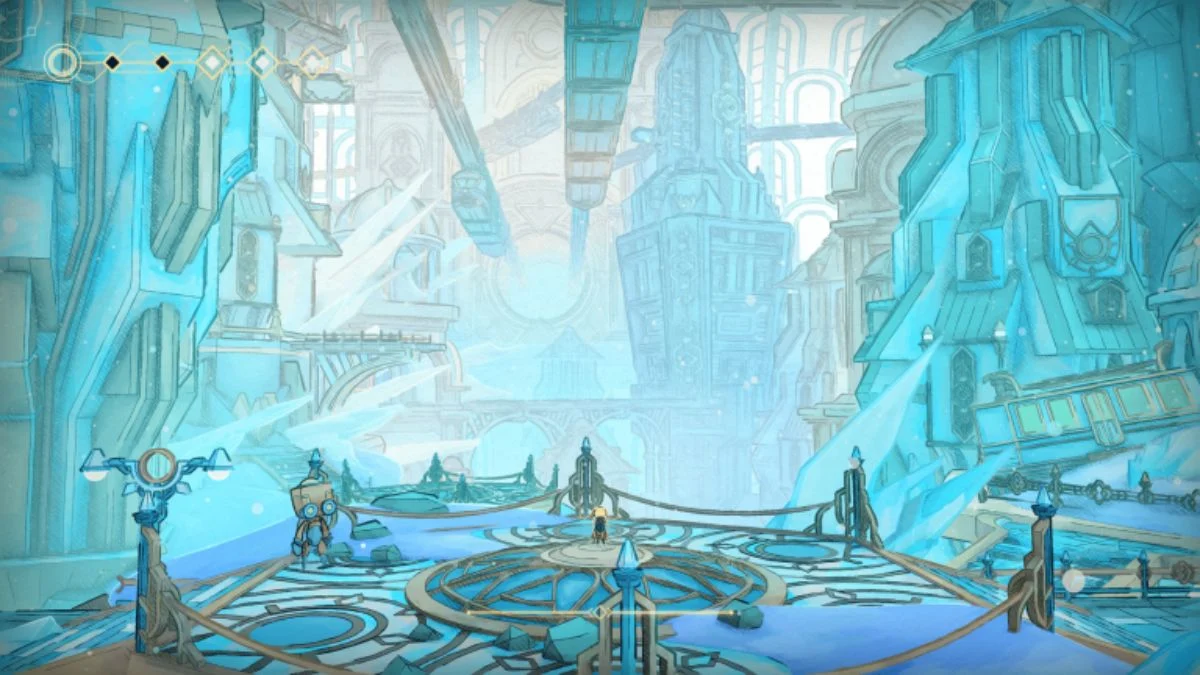 A wide-angle, hand-drawn art style screenshot of a blue, ice-covered futuristic city in MIO: Memories of Orbit featuring complex architecture and floating transport rails.