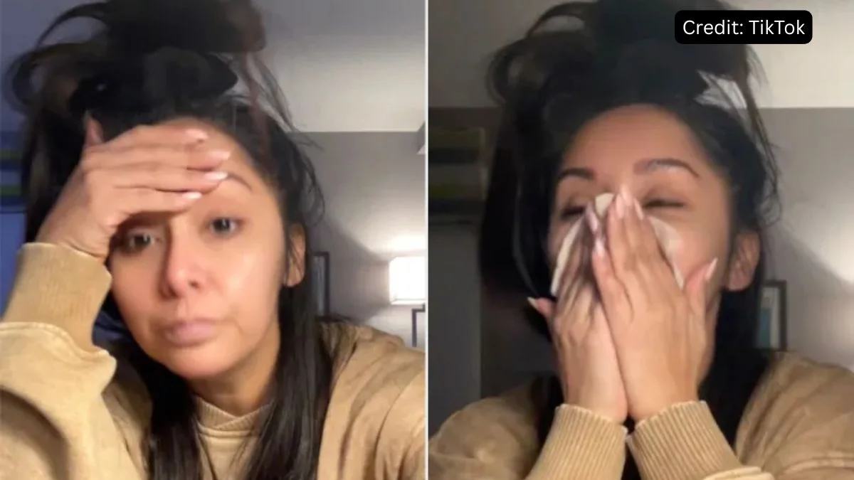 Side-by-side screenshots of Nicole “Snooki” Polizzi crying in her January 2026 TikTok video about her cervical cancer scare.