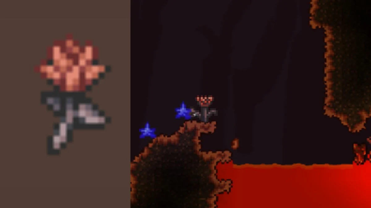A side-by-side view showing the Obsidian Rose accessory icon and its source, a Fire Imp, in the Terraria Underworld biome.