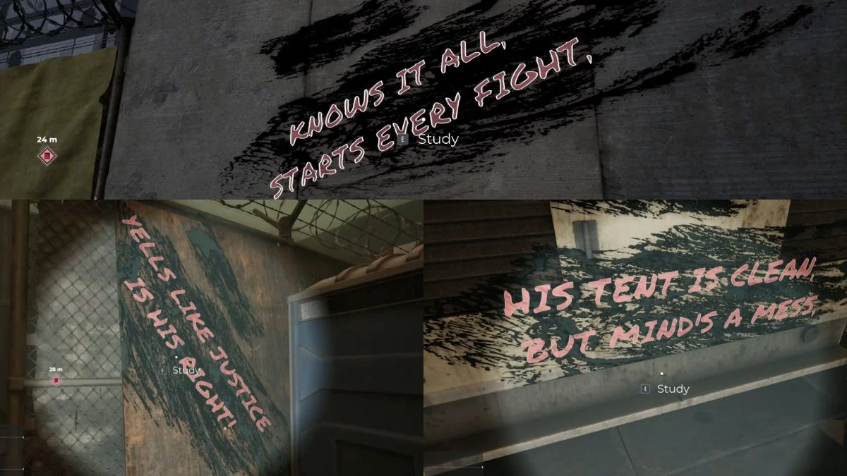 A collage of the first three graffiti locations in the Ask Your Mom quest featuring text about fighting and justice.