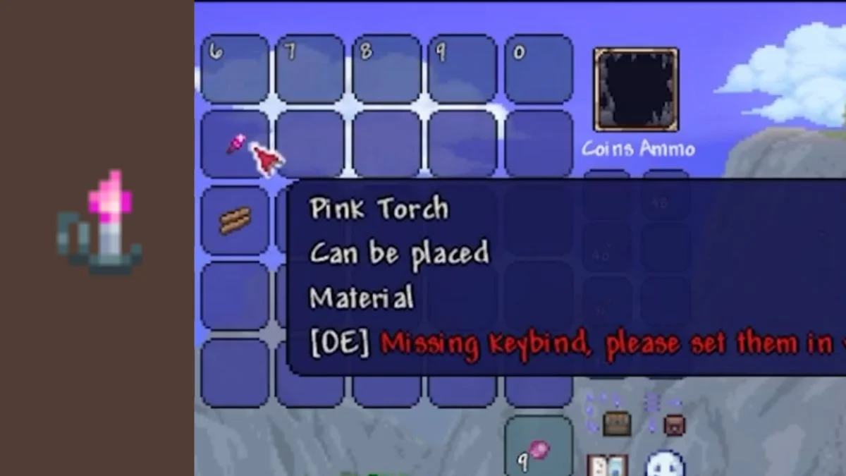 Terraria inventory screen showing a Pink Torch with a tooltip labeling it as a material for crafting.