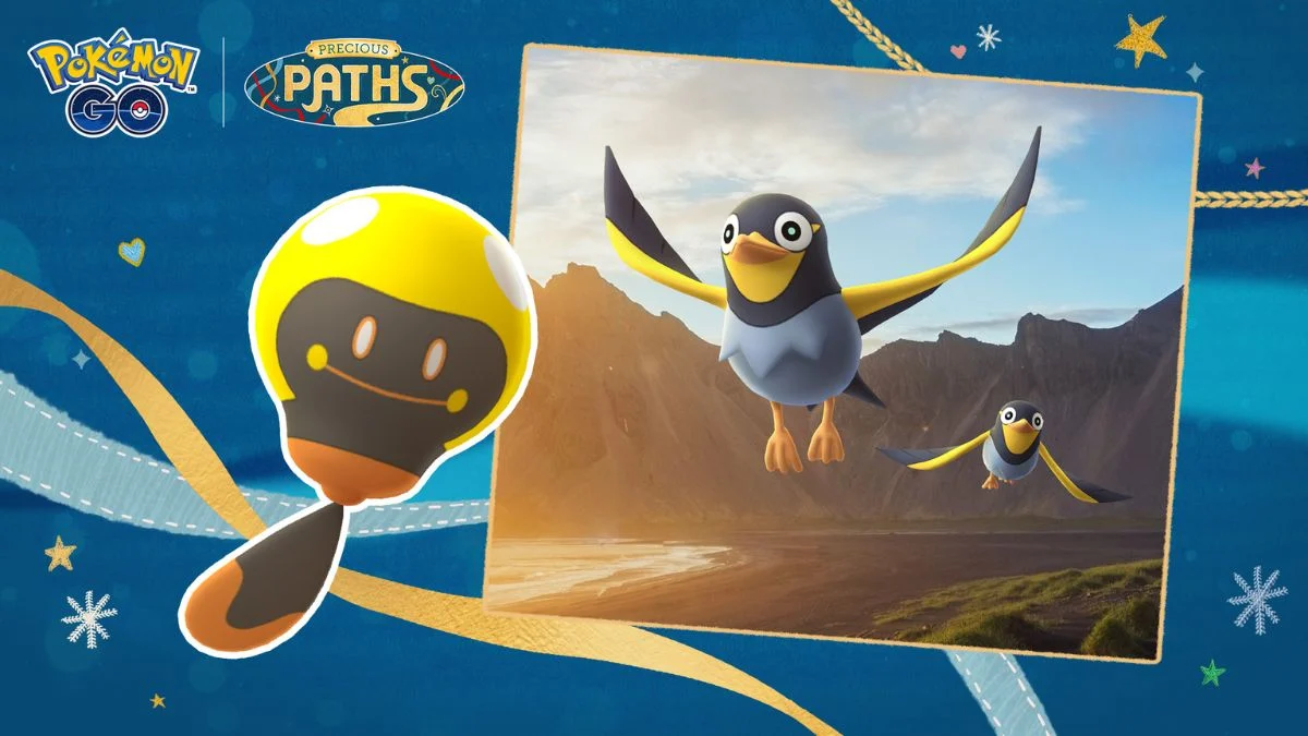 Official Pokémon GO Precious Paths artwork featuring Wattrel flying over a coastal landscape with Tadbulb in the foreground.