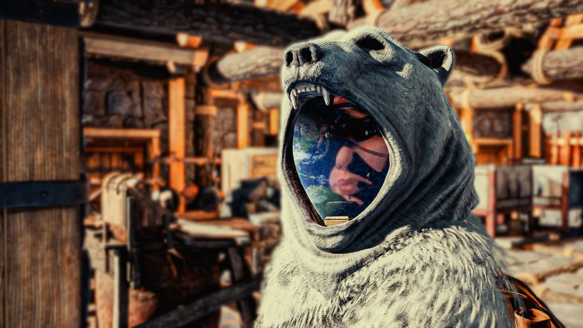 A close-up of an Icarus player character wearing a detailed bear-skin hood in a wooden outpost.