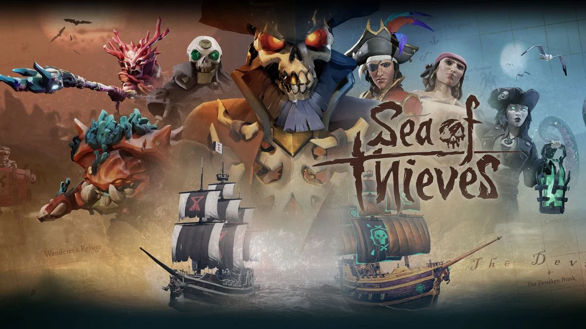 A diverse pirate crew of four players standing together on a ship deck representing crossplay unity.