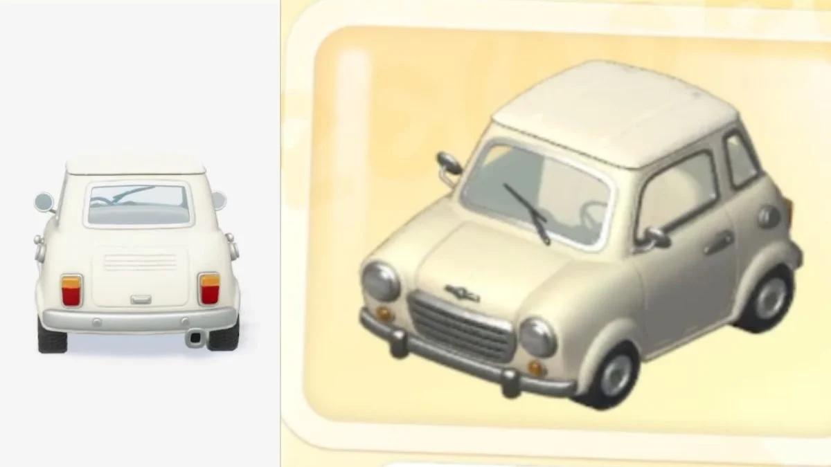A split-screen view showing the rear and front perspectives of a white, vintage-style compact sedan in the game Heartopia.