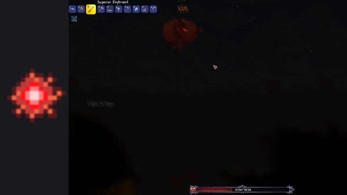 A Terraria player fighting the Brain of Cthulhu boss at night, with a Tissue Sample sprite highlighted.
