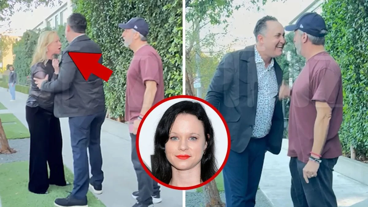 A split-screen showing Thora Birch and Michael Benton Adler arguing with an autograph seeker (left) and Adler laughing during the confrontation (right).