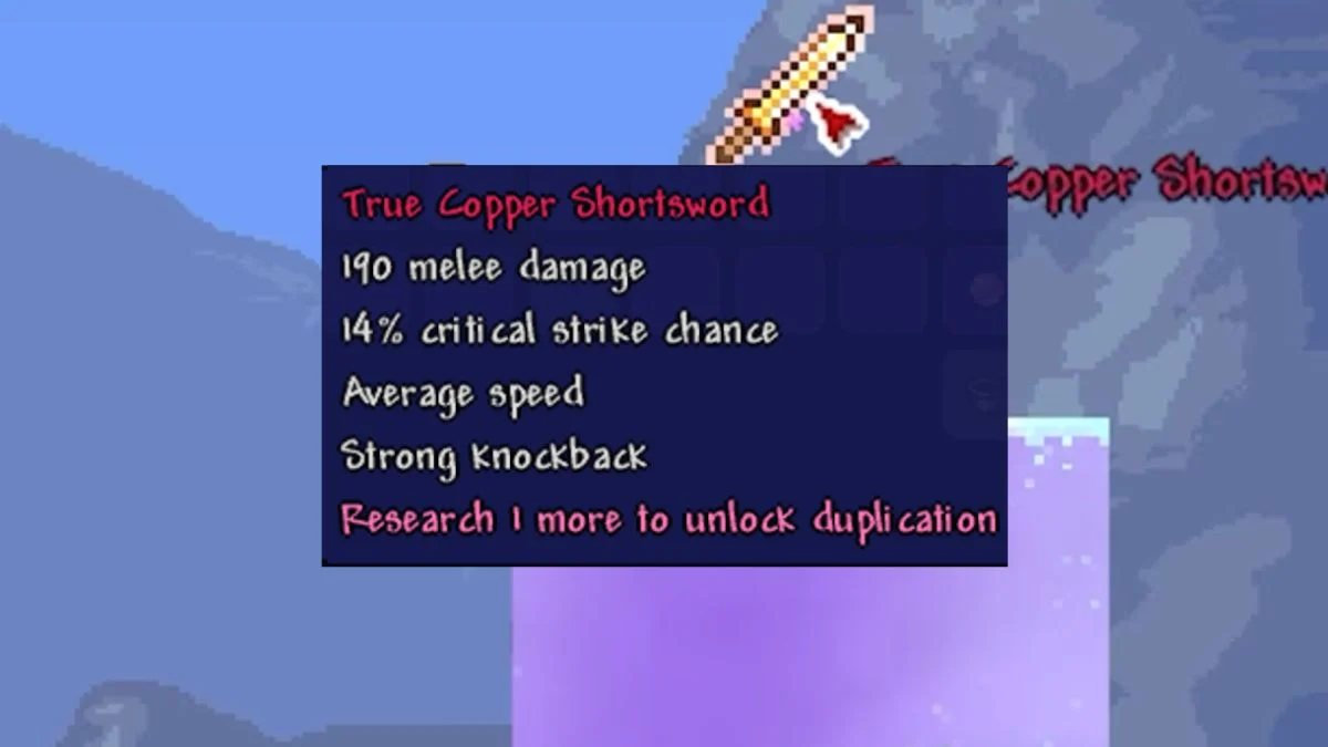 Terraria item tooltip showing the True Copper Shortsword with 190 melee damage and Zenith-level stats.