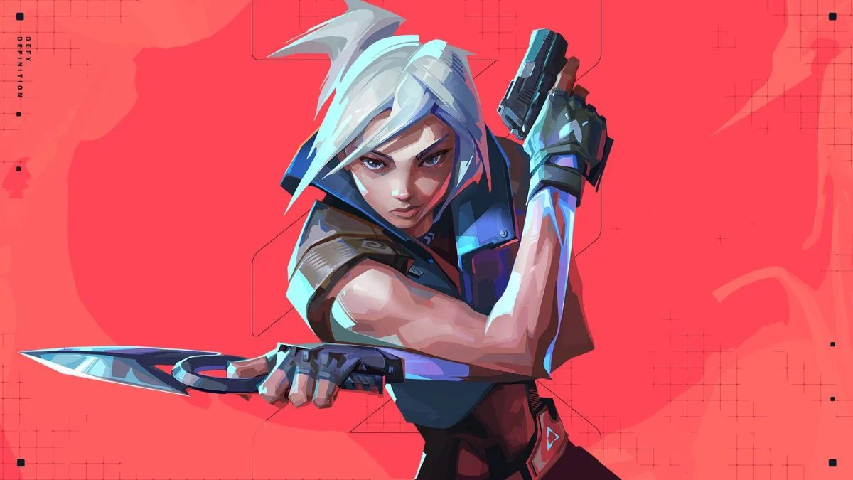 Stylized digital artwork of the Valorant Agent Jett holding a kunai and a pistol against a red background.