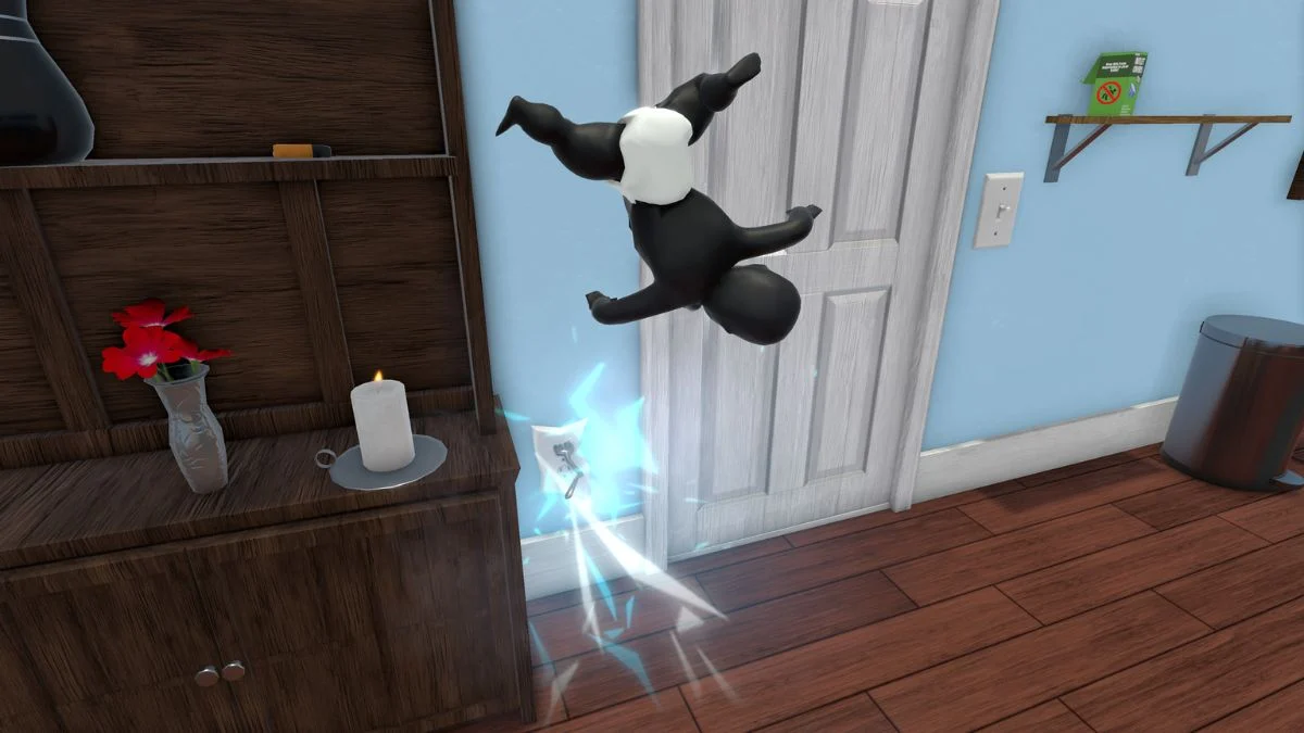 A baby character in Who's Your Daddy?! being launched into the air by an electrical outlet spark near a wooden cabinet.